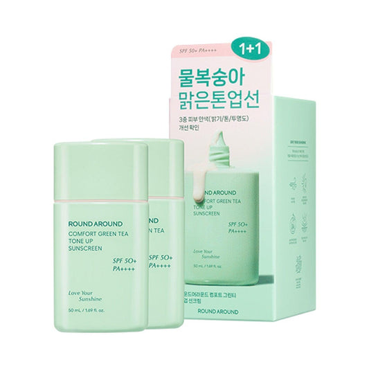 ROUND AROUND Comfort Green Tea Tone Up Sunscreen SFP50+ PA++++ 50ml+50ml Double SET-Sunscreen-Skincare Coréenne